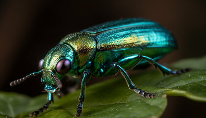 Small weevil on green leaf, macro focus on foreground generated by AI