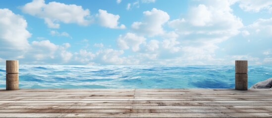 Beautiful view blue sea from wooden pier on the beach landscape. AI generated image
