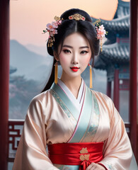 a beautiful girl in a traditional asia outfit with richly decorated hair