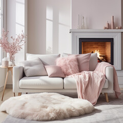 White sofa with pink pillows and fur and woolen blankets near fireplace. Scandinavian hygge home interior design of modern living room.