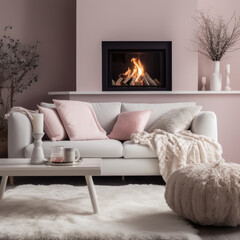 White sofa with pink pillows and fur and woolen blankets near fireplace. Scandinavian hygge home interior design of modern living room.