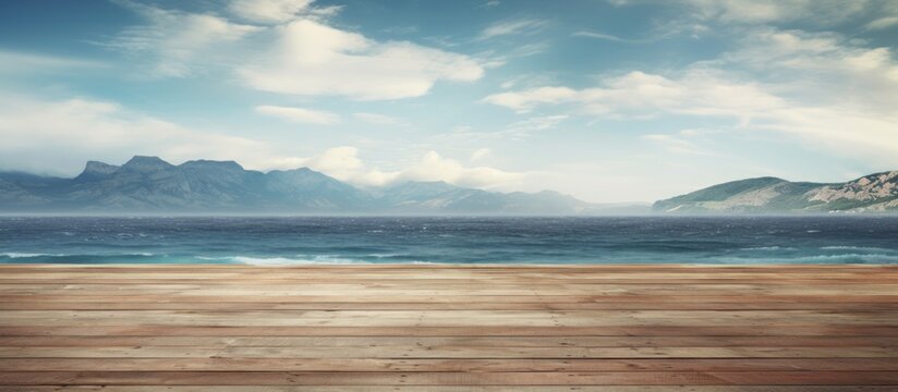 Beautiful landscape view blue sea from wooden pier on the beach. AI generated image