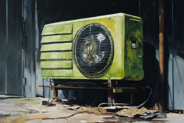 Green Air Conditioner on Wooden Surface