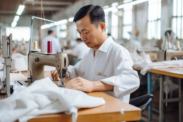 Obraz premium Focused middle aged man tailor with Asian appearance sews things from natural fabric using sewing machine at clothes making factory. Handwork and sewing with help of mechanism in old age.