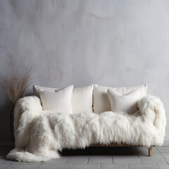 Fototapeta na wymiar Cozy cute sofa with white furry sheepskin fluffy throw and pillows against wall with copy space. Hygge, scandinavian home interior design of modern living room.