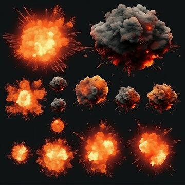 3d illustration of a set of explosions of different shapes and sizes