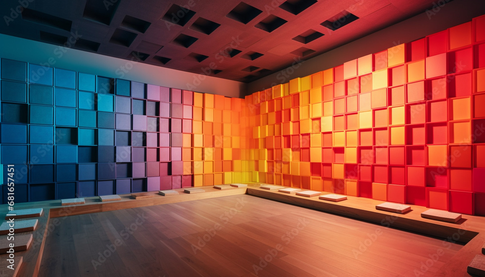 Poster futuristic design illuminates empty corridor with multi colored geometric shapes generated by ai