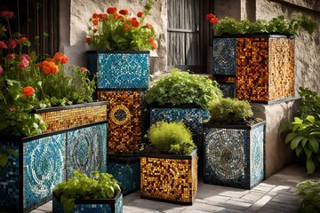 Adorn plant boxes with mosaic tiles for a vibrant and artistic touch - obrazy, fototapety, plakaty