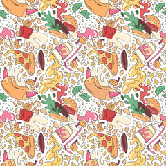 Seamless pattern with fast food flying in space, sauce splashes in zero gravity on white background
