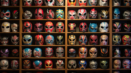 Professional wrestling masks displayed on a shelf. Mexican luchador style masks
