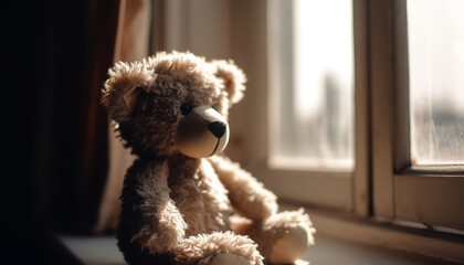 Cute teddy bear sitting on window sill, bringing childhood joy generated by AI