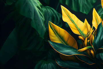 Exotische gelbe Blüten mit grünen Blättern auf grünem Hintergrund, erstellt mit generativer KI - obrazy, fototapety, plakaty