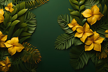 Exotische gelbe Blüten mit grünen Blättern auf grünem Hintergrund, erstellt mit generativer KI