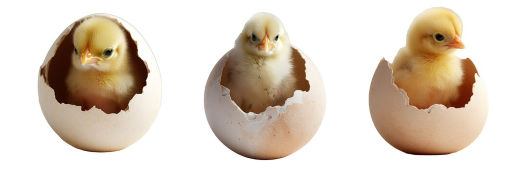 A chick hatches from an egg, different versions, isolated