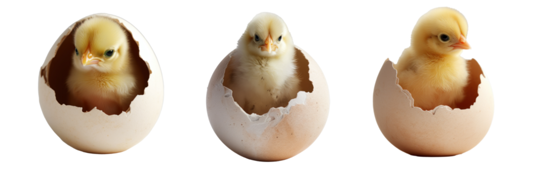 A chick hatches from an egg, different versions, isolated
