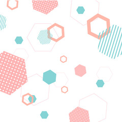 Geometrical pattern with blue, pink polygons on white background for wallpapers, greeting cards, fabrics, packaging, posters, marketing	