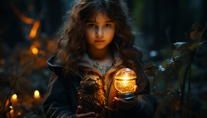 Fototapeta na wymiar Cute Caucasian girl smiling, holding lantern, enjoying Halloween night generated by AI