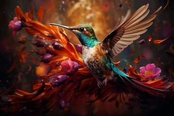 Obraz premium A Colorful Bird Soaring Above a Vibrant Bouquet of Blossoms