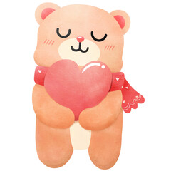 hand drawn cute bear holding heart png illustration, Valentine's day concept isolated background.	
