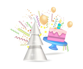 Christmas birthday cake with icing and candles.
Gifts, fireworks, Christmas tree.
Vector illustration, 3d