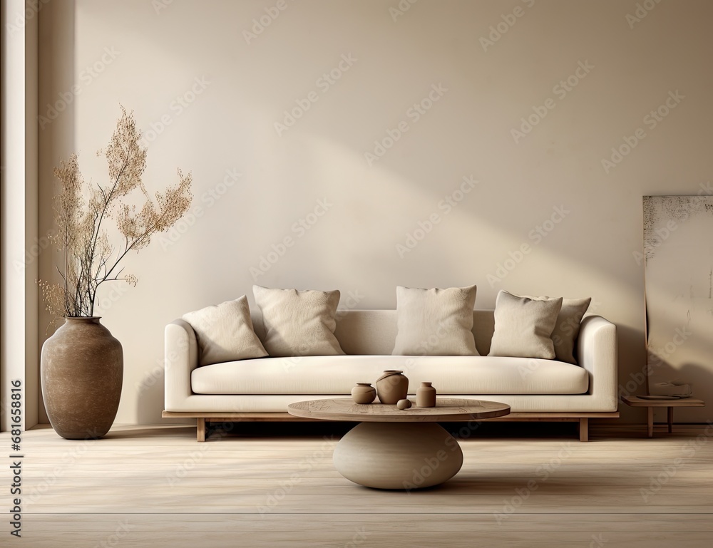 Poster minimal living room with a sofa and two vases generative ai