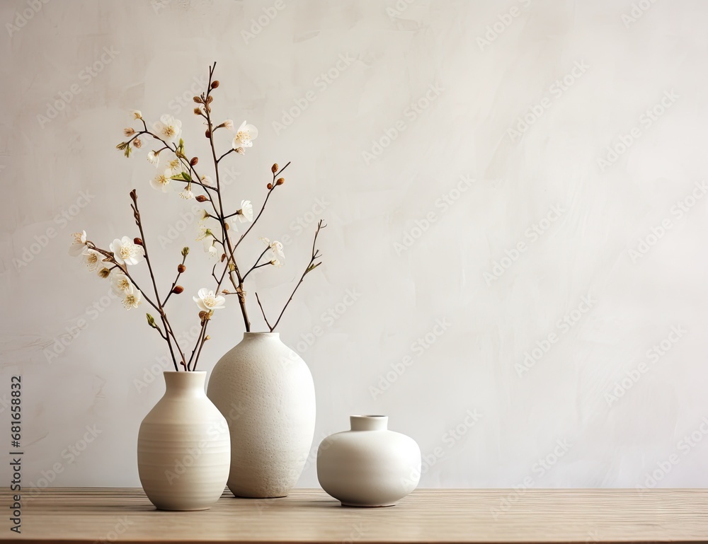 Poster an empty living room with two small vases on white table generative ai