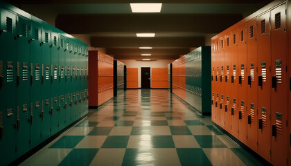 Empty locker room with blue and yellow lockers in a row generated by AI