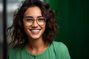 Obraz premium The portrait of a beautiful and young Indian woman in a green outfit and glasses is smiling and standing in a city or university. Generative AI.