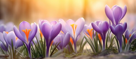 Beautiful purple crocus blossoms in the sunlight blur background. AI generated image