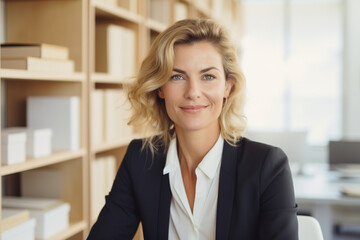 Fototapeta premium The portrait of a smiling business woman with blonde hair sitting and posing in an office room, in front of a bookshelf. Generative AI.