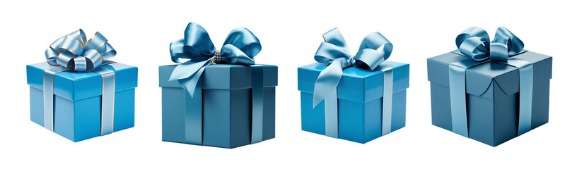 Set of Blue gift box and ribbon - Isolated Transparent PNG - Various Angles, Sizes, Models, Shapes - obrazy, fototapety, plakaty