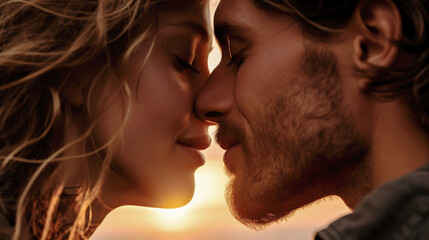 Intimes Paar in einem romantischen Moment bei Sonnenuntergang, Generative AI