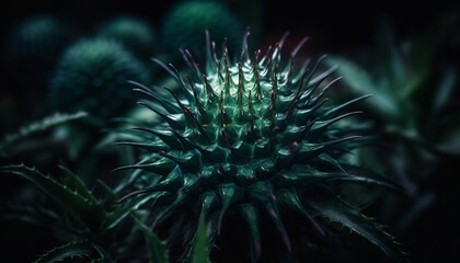 Fototapeta premium Sharp thorn on green leaf, magnified underwater in nature generated by AI
