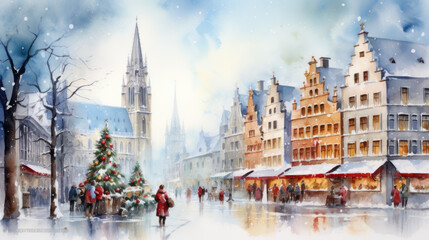 Watercolor illustration of a European christmas market square