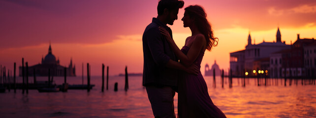 Paar umarmt sich vor malerischer Kulisse einer Stadt am Wasser im Sonnenuntergang, Generative AI