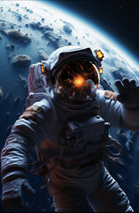Explorer in space, hovering amidst the infinite cosmic panorama.
