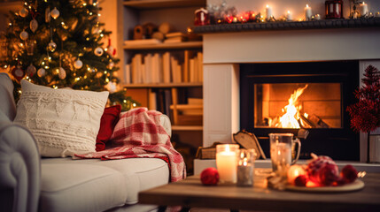 Christmas lights and decorations surrounding a fireplace with a sofa and tree.