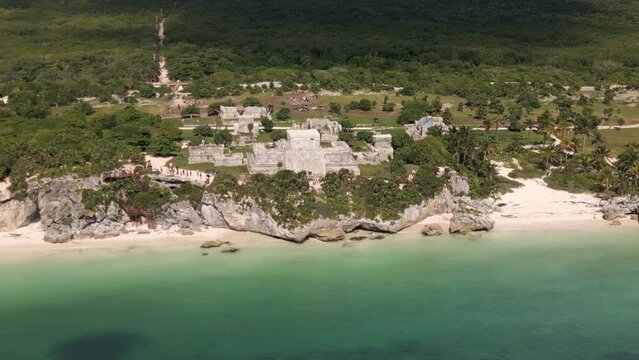 drone above Maya ruins ancient civilisation site in Mexico Tulum Caribbean Sea