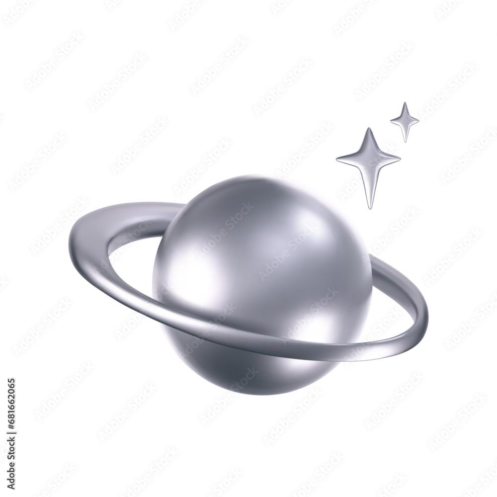 Wall mural 3d chrome galaxy planet icon with stars in y2k style isolated on white background. render of 3d silv