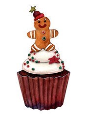 Christmas sweet cupcake. Colorful dessert. Watercolor illustration of cake with cream and berries, gingerbread cookies, candy canes, and Christmas decorations. 