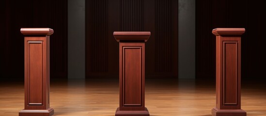 Wood pedestal podium for display in exhibition room background. AI generated image