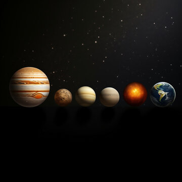Solar system with planets, stars and galaxies on dark background. 3d render