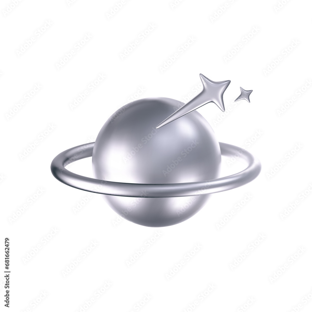 Wall mural 3d chrome galaxy planet icon with stars in y2k style isolated on white background. render of 3d silv