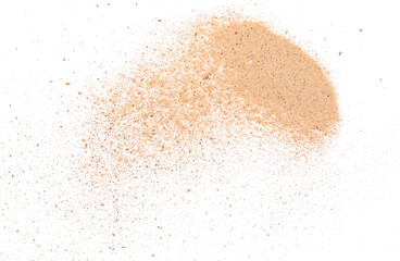 Milled nutmeg powder isolated on white background and texture, top view, clipping