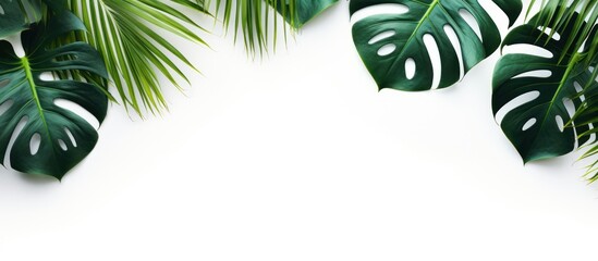 Monstera and Palm leaves isolated copy space white background. AI generated - obrazy, fototapety, plakaty