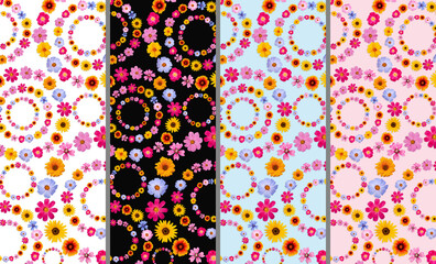 Set of bright floral backgrounds for bookmark design or cell phone wallpaper, greeting card, dining mat. Backgrounds of colorful bright wreaths.