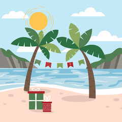 Palm tree on tropical beach with christmas decoration and gifts. Sample of poster, party holiday invitation, festive banner, card. Vector cartoon illustration. - obrazy, fototapety, plakaty