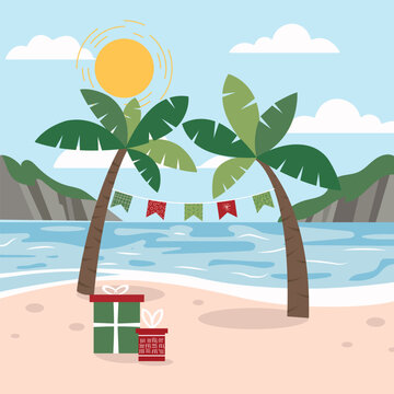 Palm Tree On Tropical Beach With Christmas Decoration And Gifts. Sample Of Poster, Party Holiday Invitation, Festive Banner, Card. Vector Cartoon Illustration.