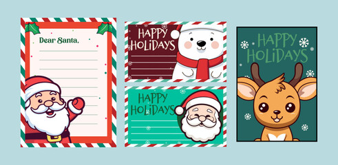 Fototapeta premium Set Collection Template on Decorated Paper with Christmas Character Illustration Vector for Christmas Letter to Santa Claus and Card 