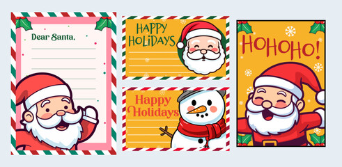 Christmas Character Illustration Vector on Decorated Paper: Set Collection Template for Christmas Letter to Santa Claus and Card
